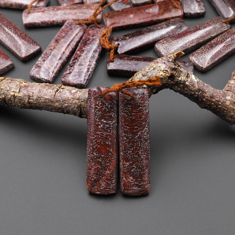 Genuine Maroon Red Utah Dinosaur Bone Fossil Drilled Rectangle Earring Pair Matched Gemstone Beads A1