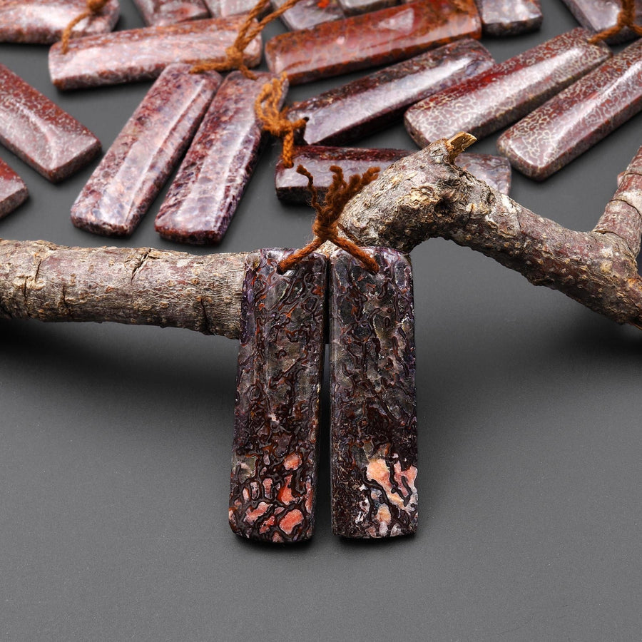Genuine Maroon Red Utah Dinosaur Bone Fossil Drilled Rectangle Earring Pair Matched Gemstone Beads A6