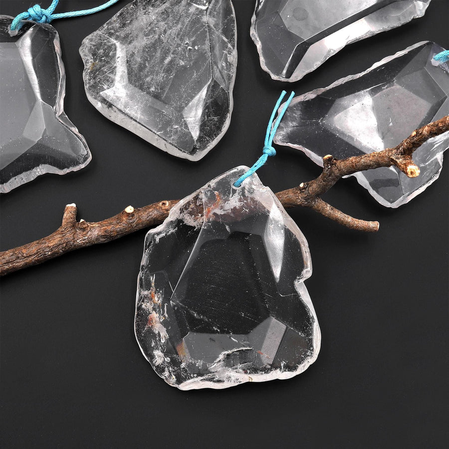 Large Translucent Faceted Natural Rock Quartz Freeform Pendant A1
