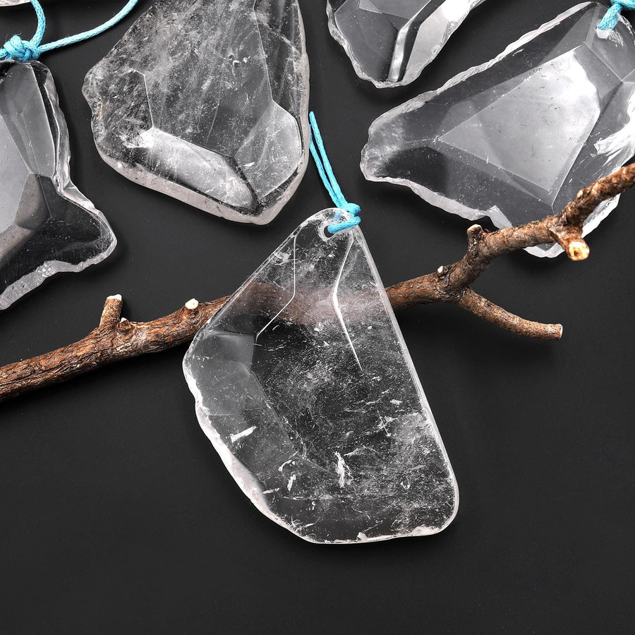 Large Translucent Faceted Natural Rock Quartz Freeform Pendant A2