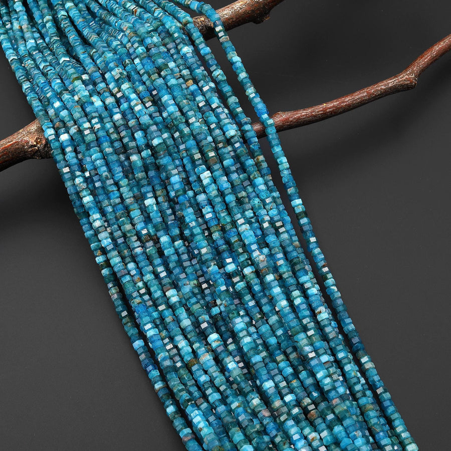 Faceted Natural Teal Blue Apatite 4mm Hexagon Rondelle Beads Gemstone 15.5" Strand