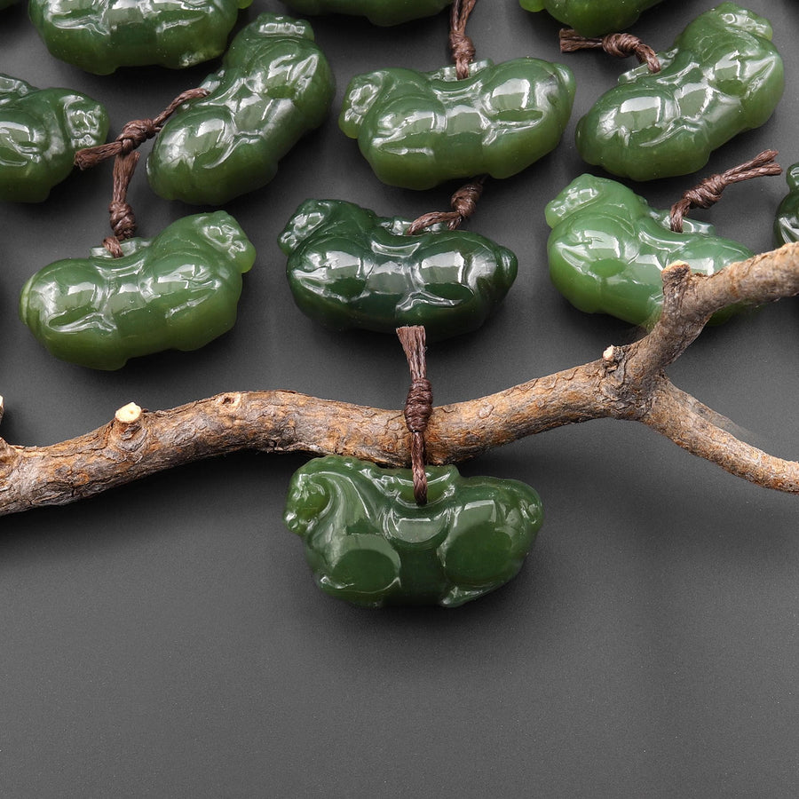Hand Carved Natural Green Jade Resting Fat Horse Pendant Charm | Lucky Abundance Talisman PDT0791
