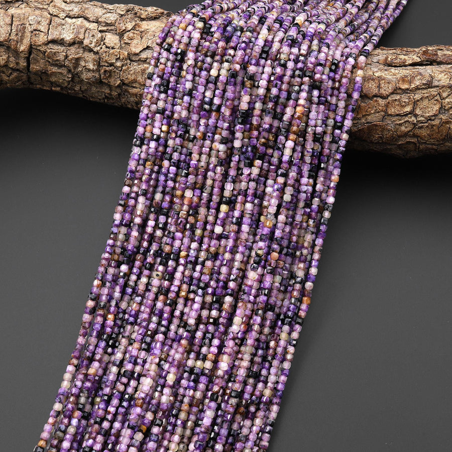 Faceted Genuine Natural Russian Purple Charoite 2mm Cube Beads Gemstone 15.5" Strand