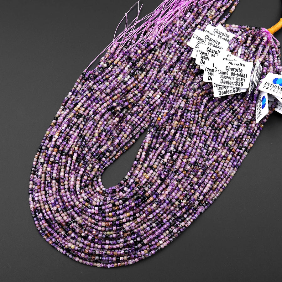 Faceted Genuine Natural Russian Purple Charoite 2mm Cube Beads Gemstone 15.5" Strand