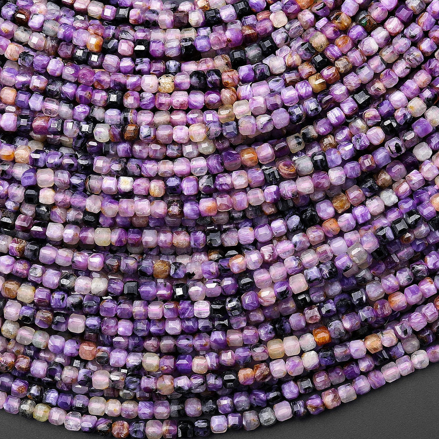 Faceted Genuine Natural Russian Purple Charoite 2mm Cube Beads Gemstone 15.5" Strand