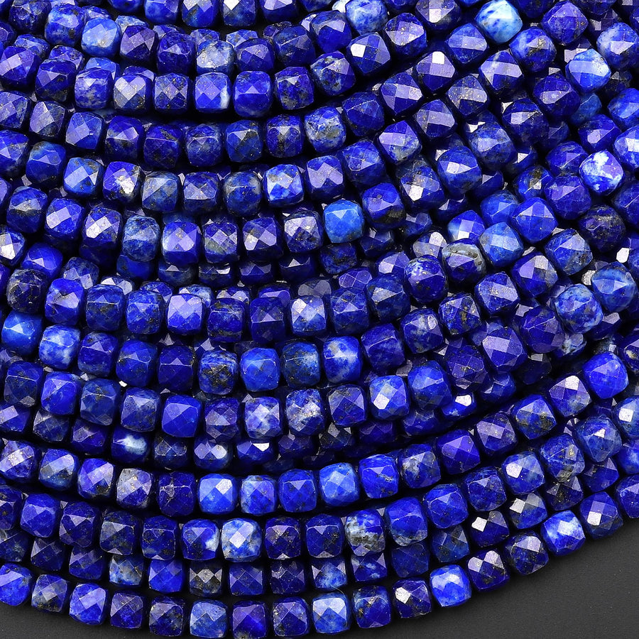 Faceted Natural Blue Lapis 4mm Cube Gemstone Beads 15.5" Strand