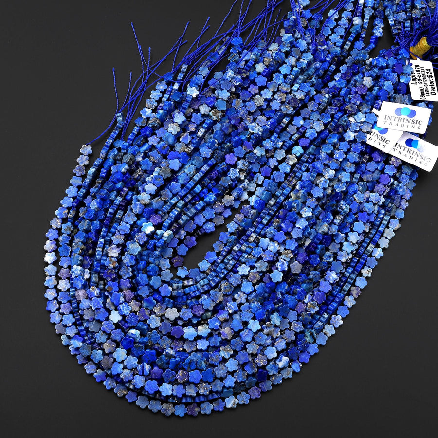Natural Denim Blue Lapis Cherry Blossom Flower Beads 6mm Carved Gemstone 15.5" Strand