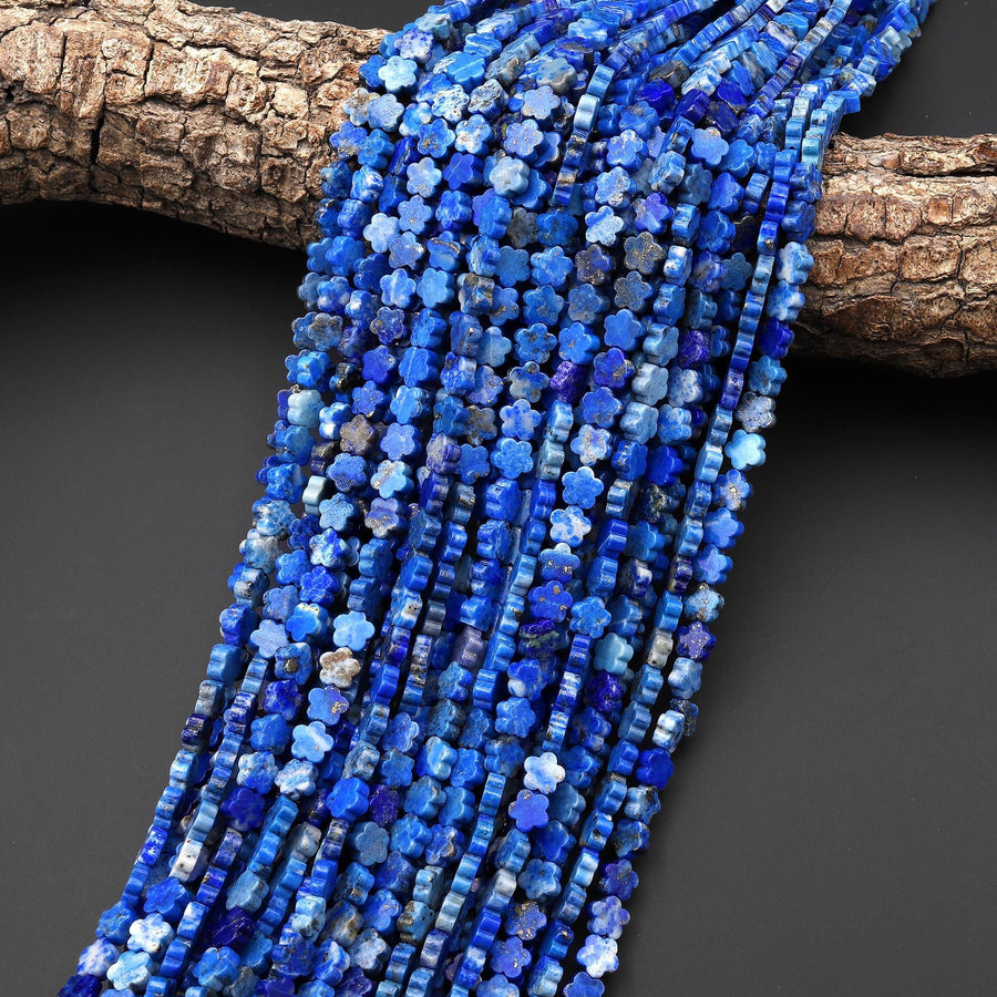 Natural Denim Blue Lapis Cherry Blossom Flower Beads 6mm Carved Gemstone 15.5" Strand