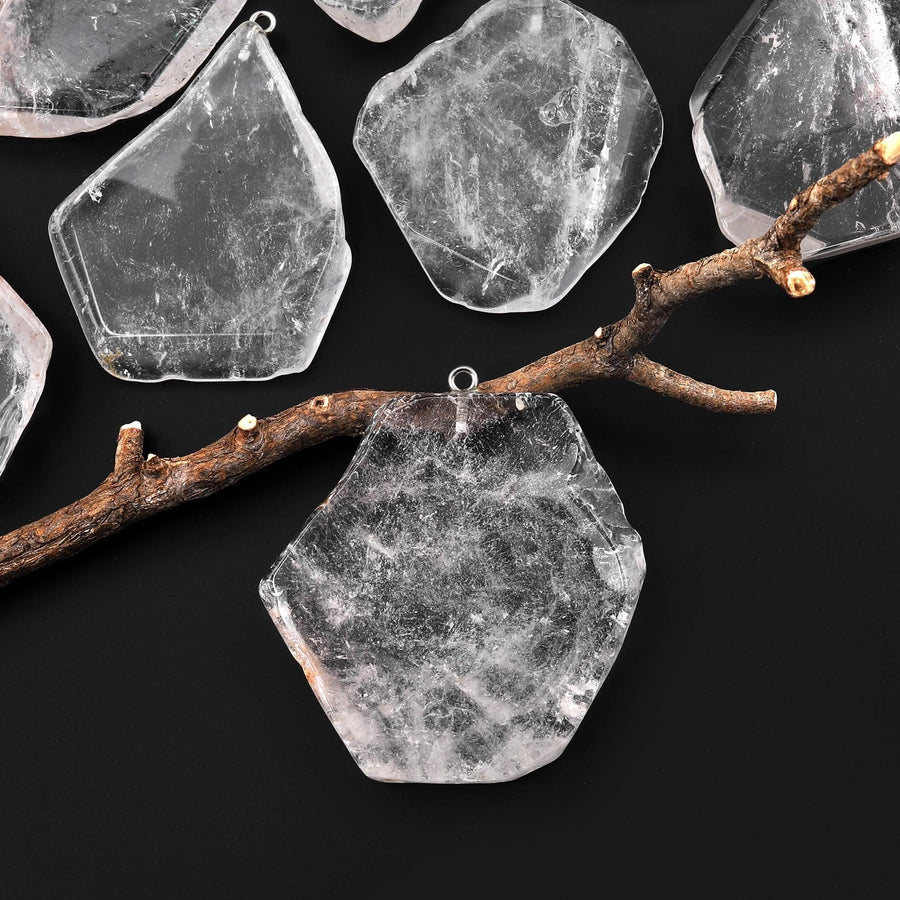 Large Translucent Natural Rock Quartz Freeform Slab Pendant A1