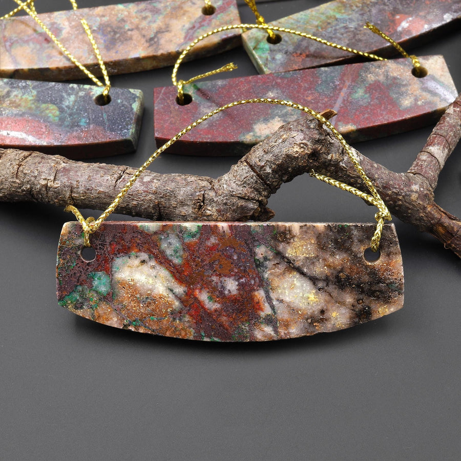 From the Old Arizona Copper Mine~ Natural Copper in Chrysocolla Curved Elongated Rectangle Slab 2 Two Hole Pendant A6