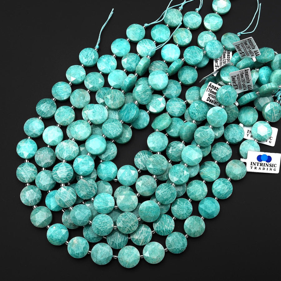 AAA Faceted Natural Peruvian Amazonite Faceted Coin Beads 15mm Stunning Natural Blue Green Gemstone 15.5" Strand
