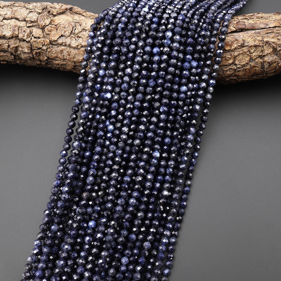 AAA Faceted Natural Deep Blue Sapphire Round Beads 2mm 3mm 4mm Genuine Gemstone 15.5" Strand