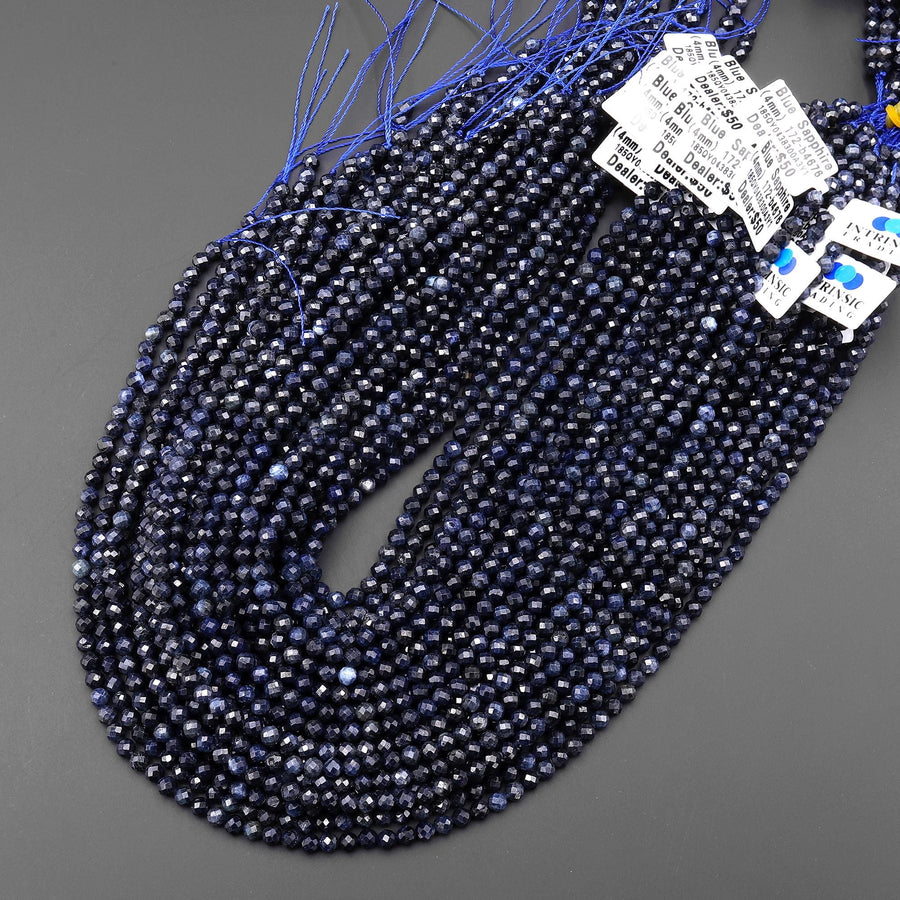 AAA Faceted Natural Deep Blue Sapphire Round Beads 2mm 3mm 4mm Genuine Gemstone 15.5" Strand