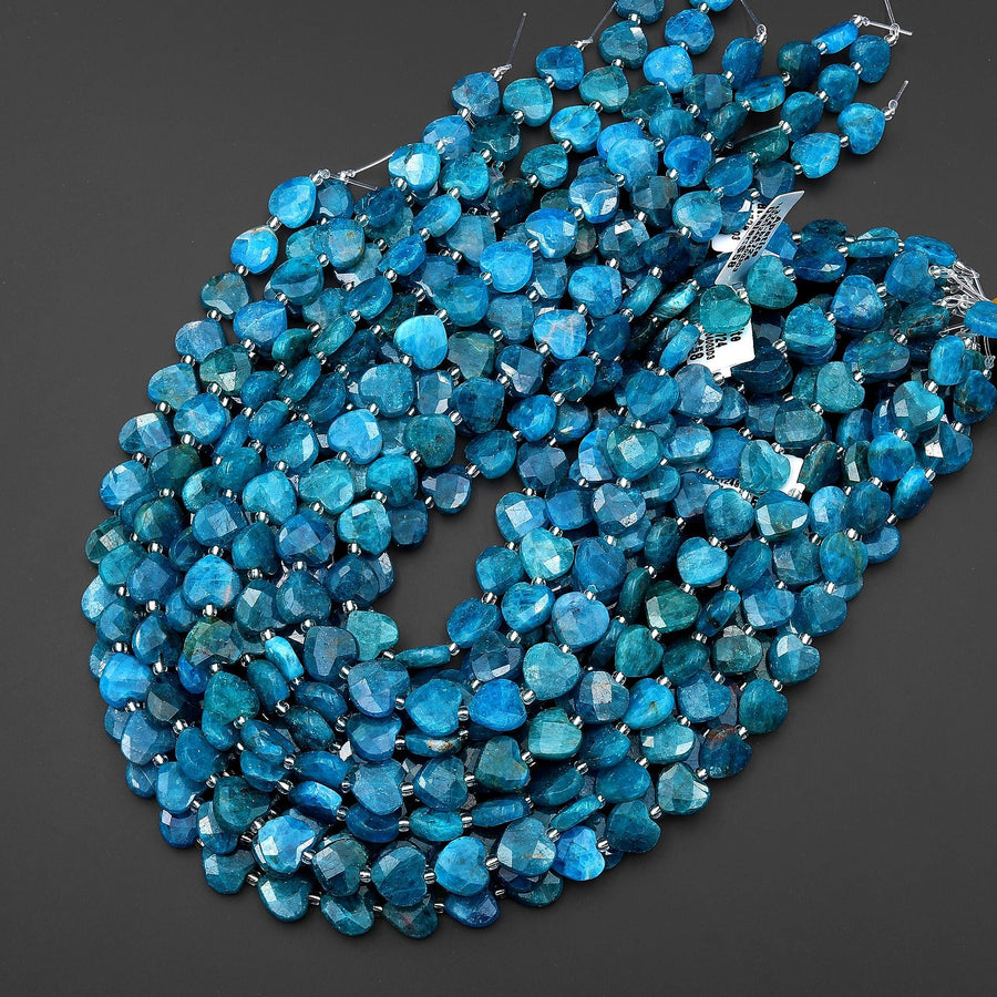 AAA Natural Teal Blue Apatite Faceted Heart Beads 12mm Gemstone 15.5" Strand