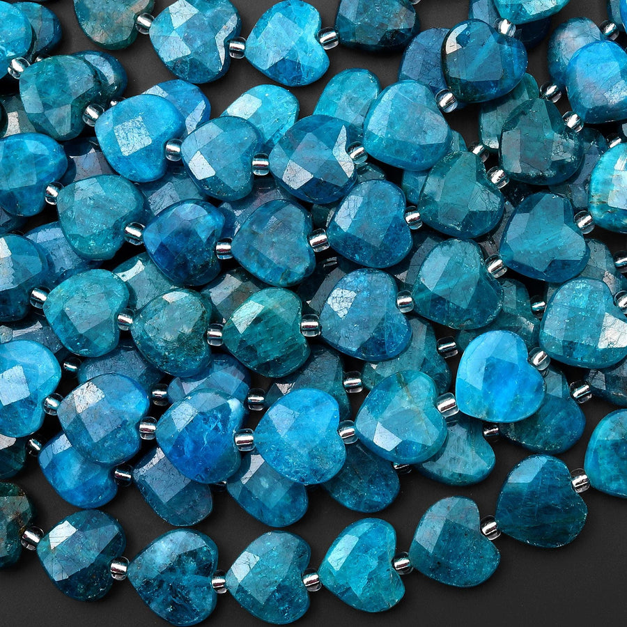 AAA Natural Teal Blue Apatite Faceted Heart Beads 12mm Gemstone 15.5" Strand