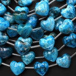 Natural Teal Blue Apatite Beads Gemstone Puffy Heart Horizontally Drilled 8" Strand