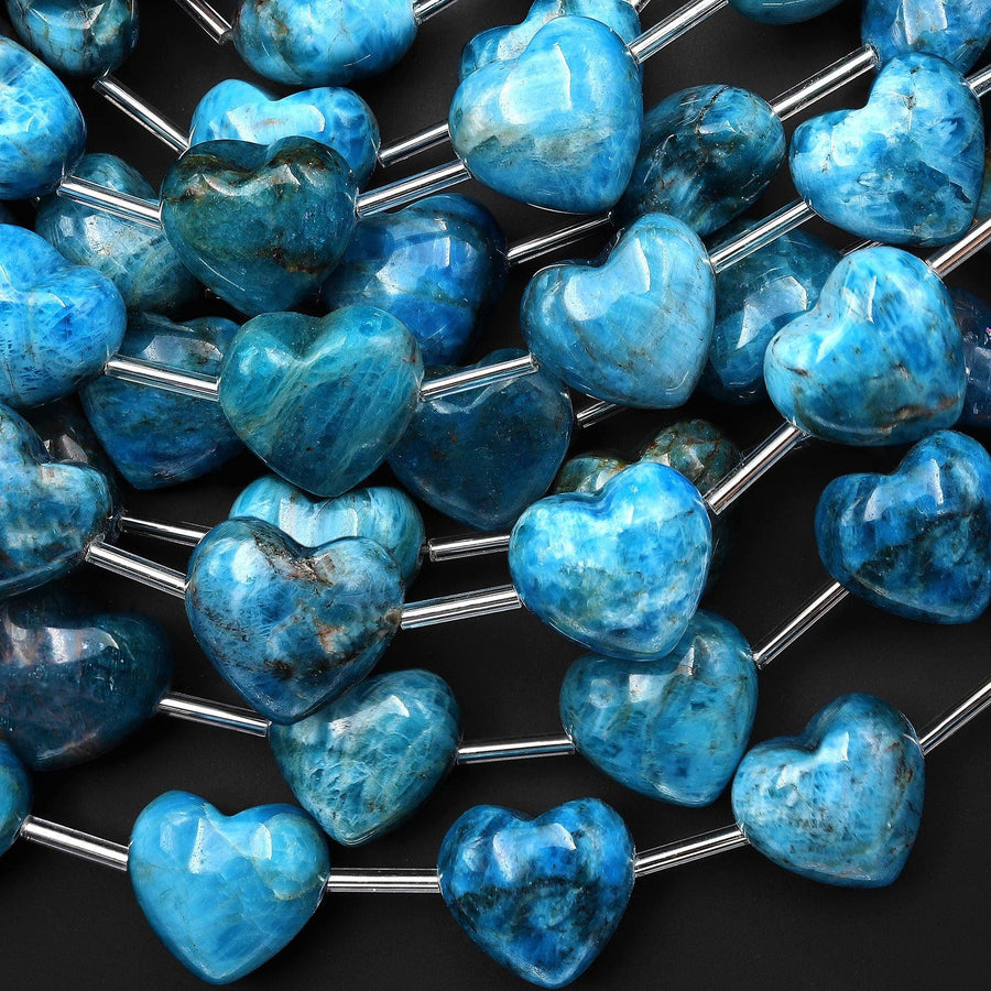 Natural Teal Blue Apatite Beads Gemstone Puffy Heart Horizontally Drilled 8" Strand