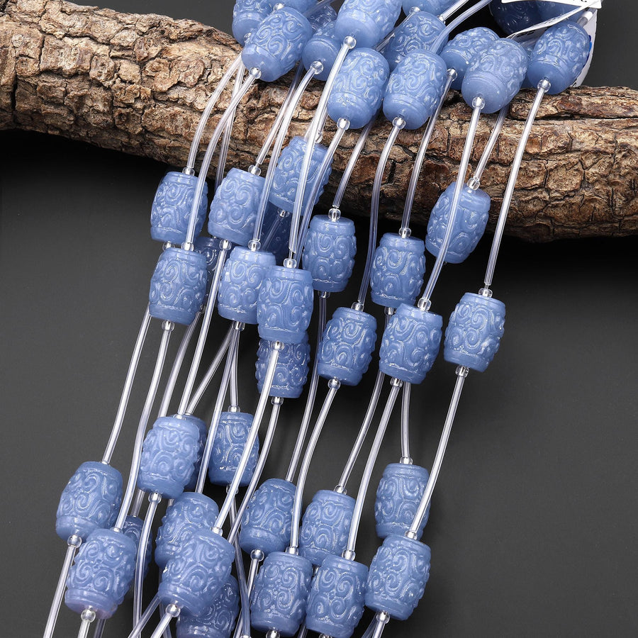 Hand Carved Natural Blue Angelite Drum Barrel Tube Gemstone Longevity Beads Strand