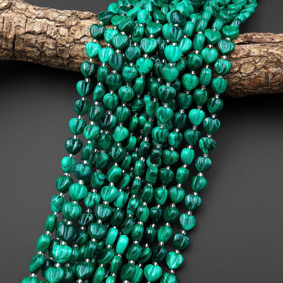 AAA Carved Natural Green Malachite Smooth Heart Beads 10mm Gemstone From Congo 15.5" Strand