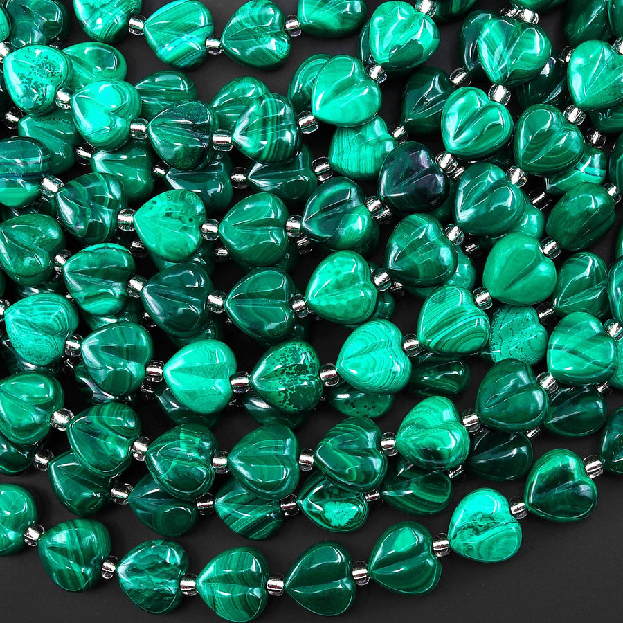 AAA Carved Natural Green Malachite Smooth Heart Beads 10mm Gemstone From Congo 15.5" Strand