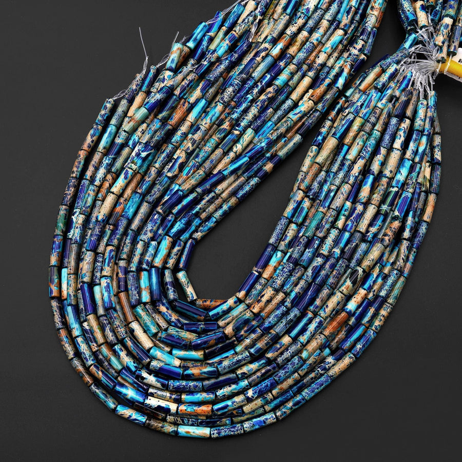 Ocean Blue Sea Sediment Jasper Smooth Tube Cylinder Beads 4x13mm Aka Impression Imperial Jasper 15.5" Strand