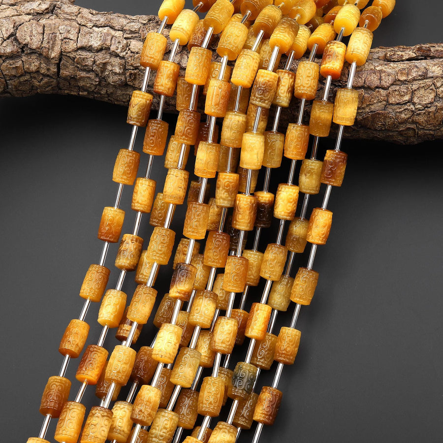 Hand Carved Natural Blonde Tiger's Eye Tube Gemstone Longevity Beads 15.5" Strand