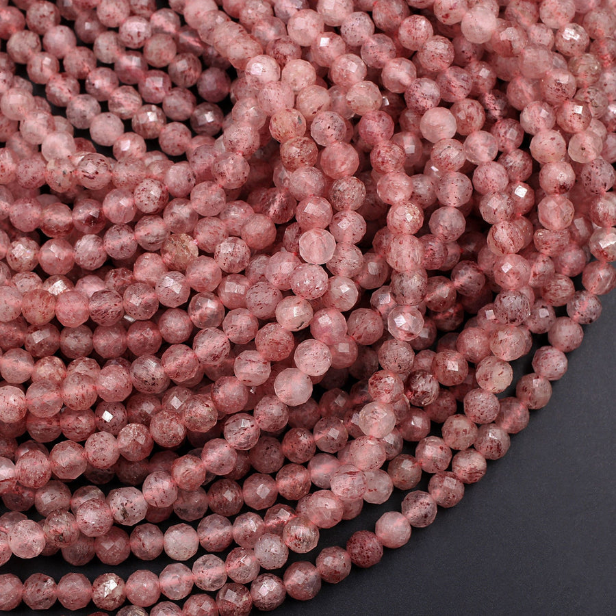 Faceted Natural Strawberry Quartz Faceted 3mm 6mm Round Beads 15.5" Strand