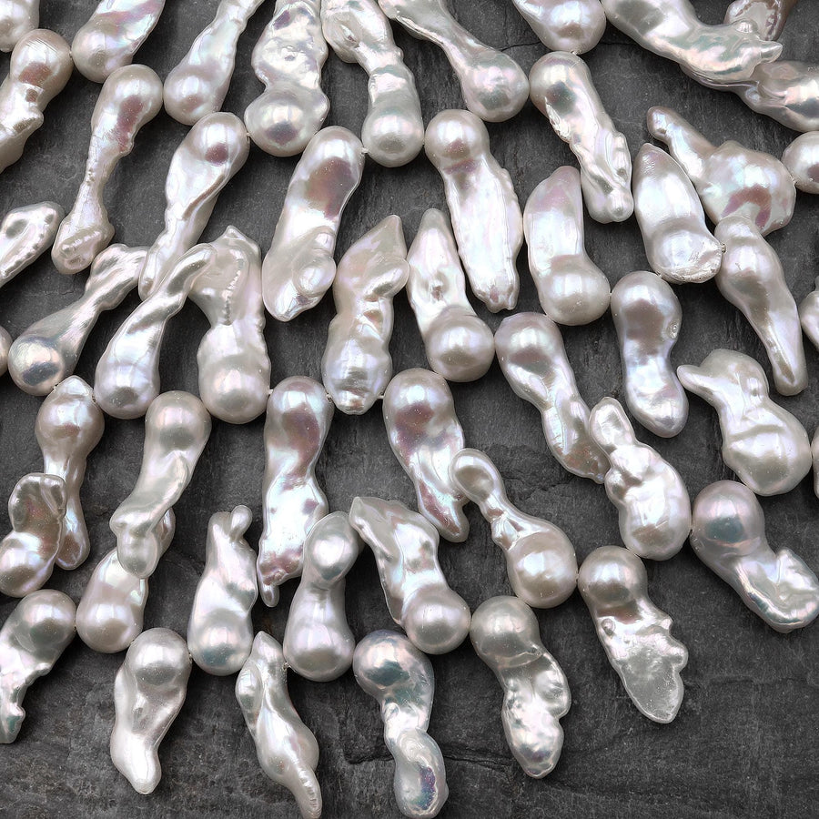 AAA High Luster Top Side Drilled Genuine White Freshwater Baroque Flame Ball Ming Pearl 16.5" Strand