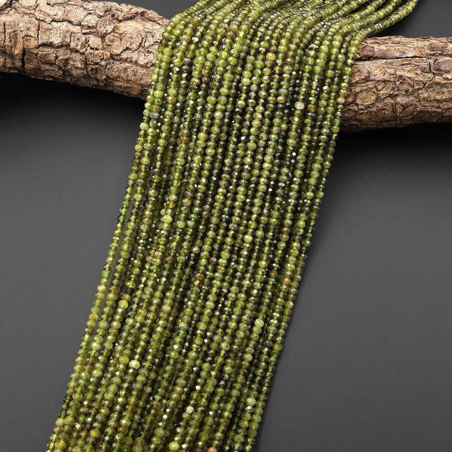 Rare AAA Faceted Natural Green Vesuvianite  Idocrase Rondelle 4mm Gemstone Beads 15.5" Strand