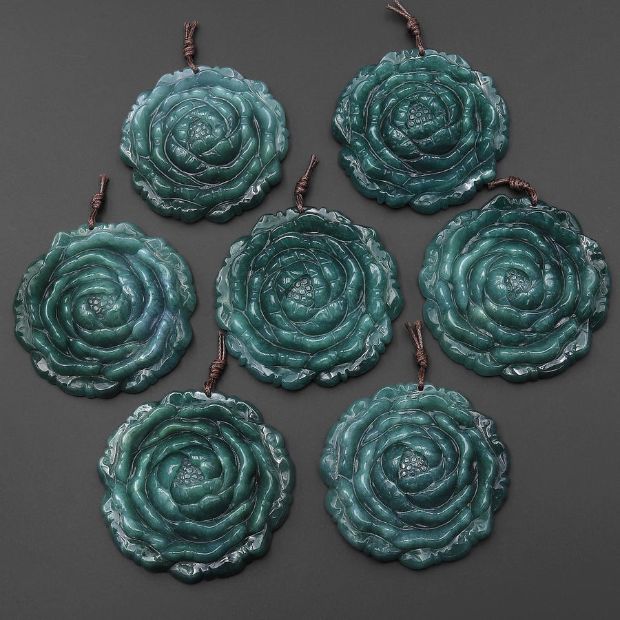 AAA Large Hand Carved Natural Guatemalan Jade Peony Rose Flower Pendant