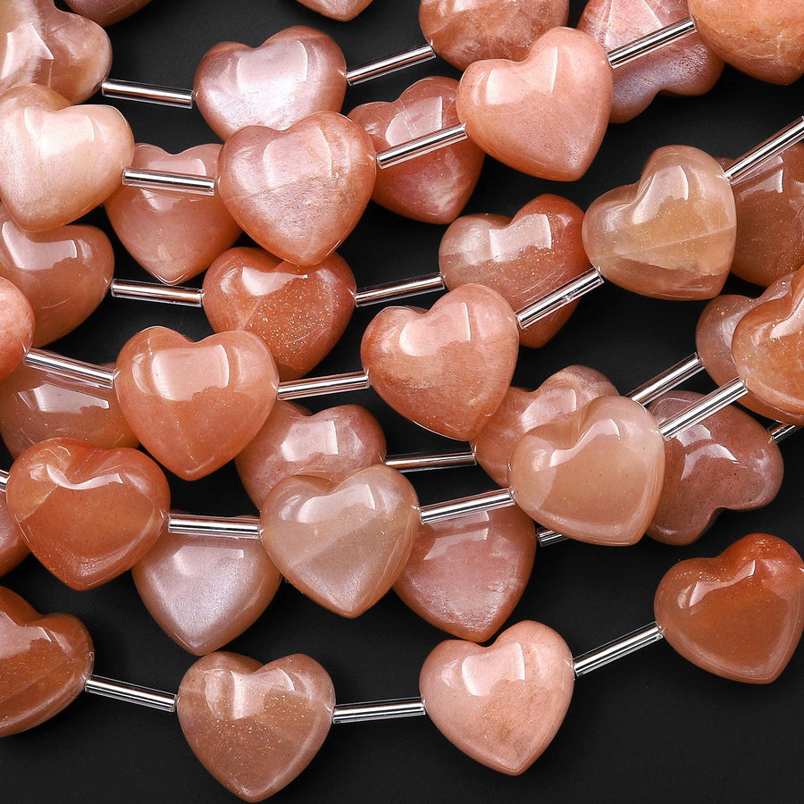 AAA Natural Peach Moonstone Beads Gemstone Puffy Smooth Heart Top Side Drilled 8" Strand