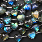 AAA Natural Labradorite Beads Puffy Smooth Heart Top Side Drilled Gemstone 8" Strand
