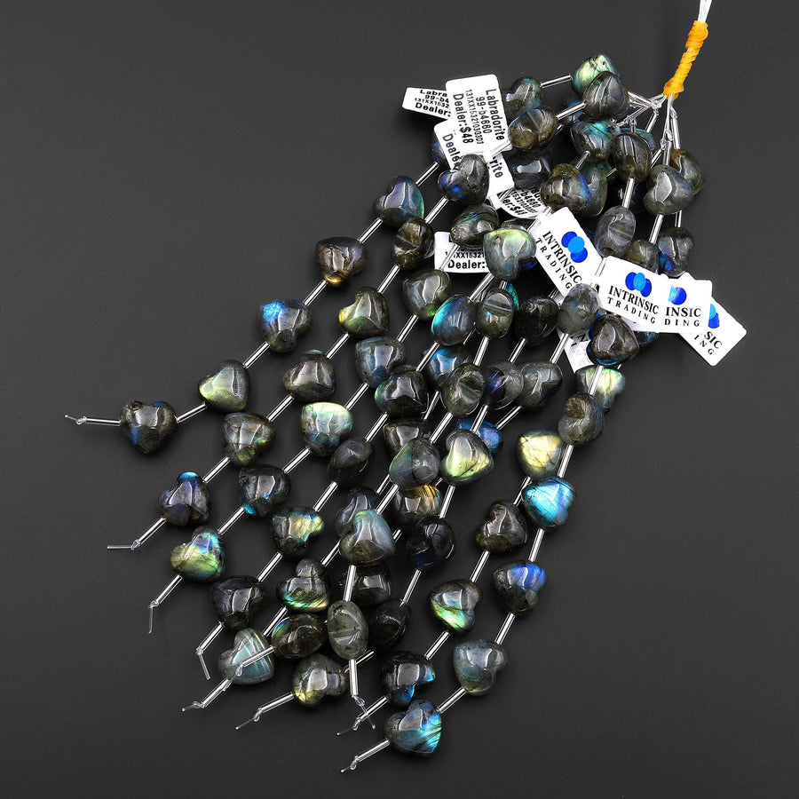 AAA Natural Labradorite Beads Puffy Smooth Heart Top Side Drilled Gemstone 8" Strand