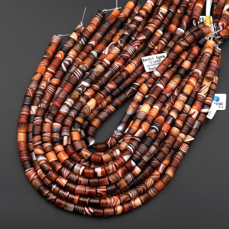 Matte Natural Brown Orange Banded Agate Cylinder Tube Beads 8mm 15.5" Strand