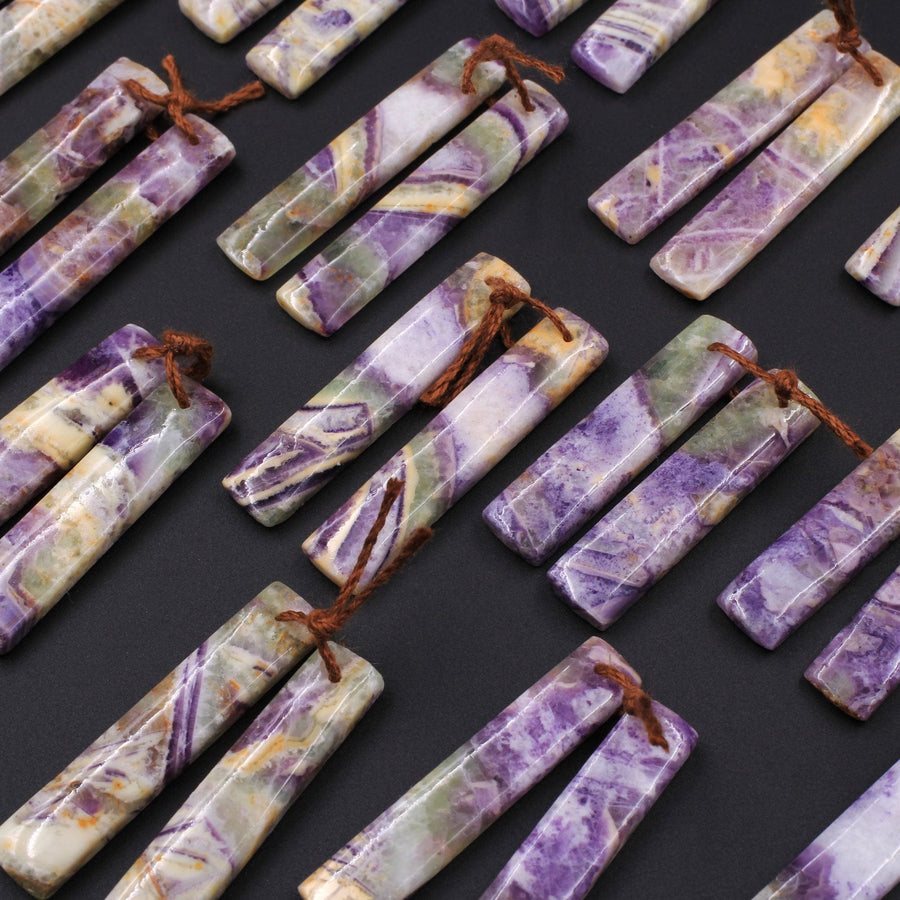 Drilled Natural Petrified Purple Fluorite Earring Pair Long Rectangle Cabochon Cab Pair Matched Earrings Beads Stone