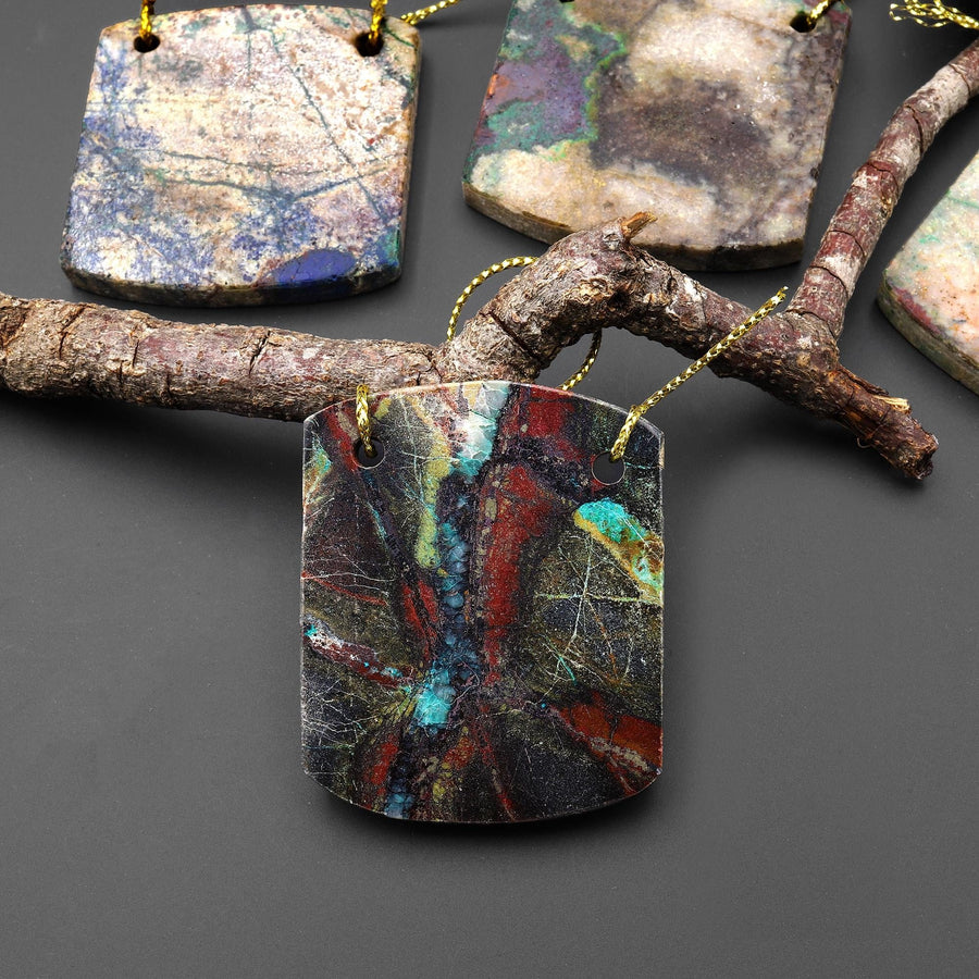 From the Old Arizona Copper Mine~ Natural Copper in Chrysocolla Curved Rectangle Square 2 Two Hole Pendant