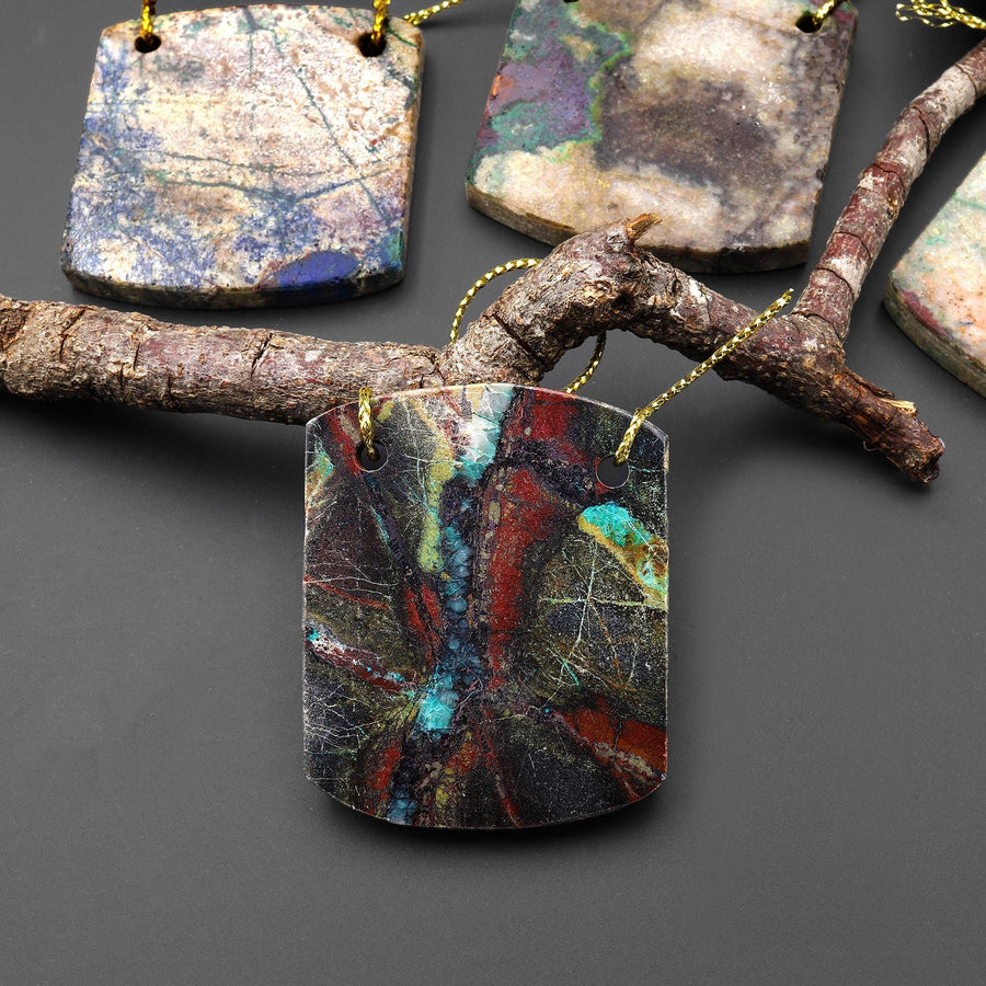 From the Old Arizona Copper Mine~ Natural Copper in Chrysocolla Curved Rectangle Square 2 Two Hole Pendant A4