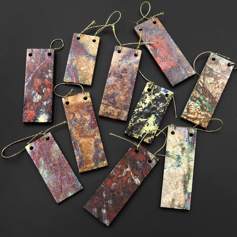 From the Old Arizona Copper Mine~ Natural Copper in Chrysocolla Thin Long 70mm Rectangle Slice 2 Two Hole Pendant