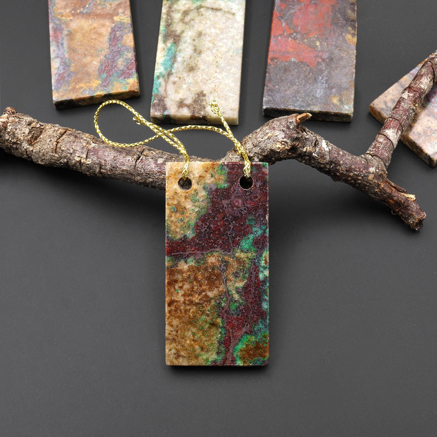 From the Old Arizona Copper Mine~ Natural Copper in Chrysocolla Thin Long 70mm Rectangle Slice 2 Two Hole Pendant