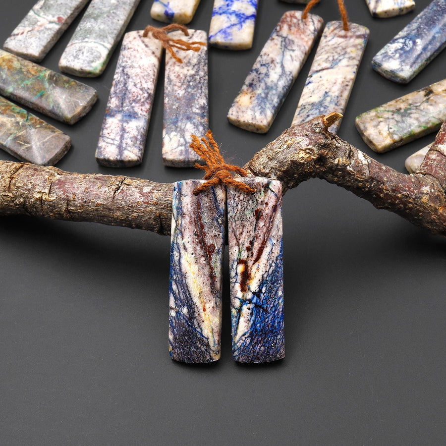 Rare Natural Lightening Azurite Rectangle Earrings Matched Gemstone Bead Pair From Arizona EC0402