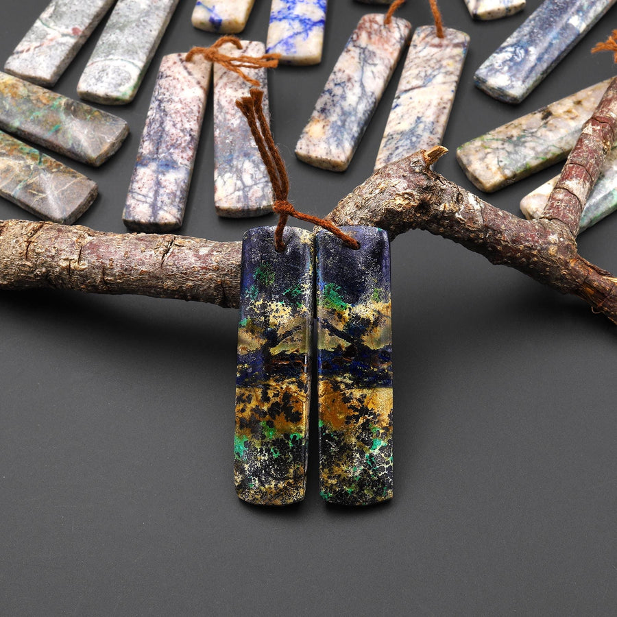Rare Natural Lightening Azurite Rectangle Earrings Matched Gemstone Bead Pair From Arizona EC0402