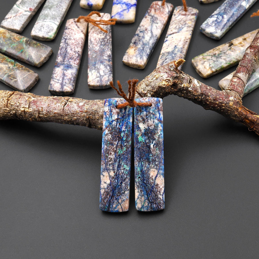 Rare Natural Lightening Azurite Rectangle Earrings Matched Gemstone Bead Pair From Arizona EC0402