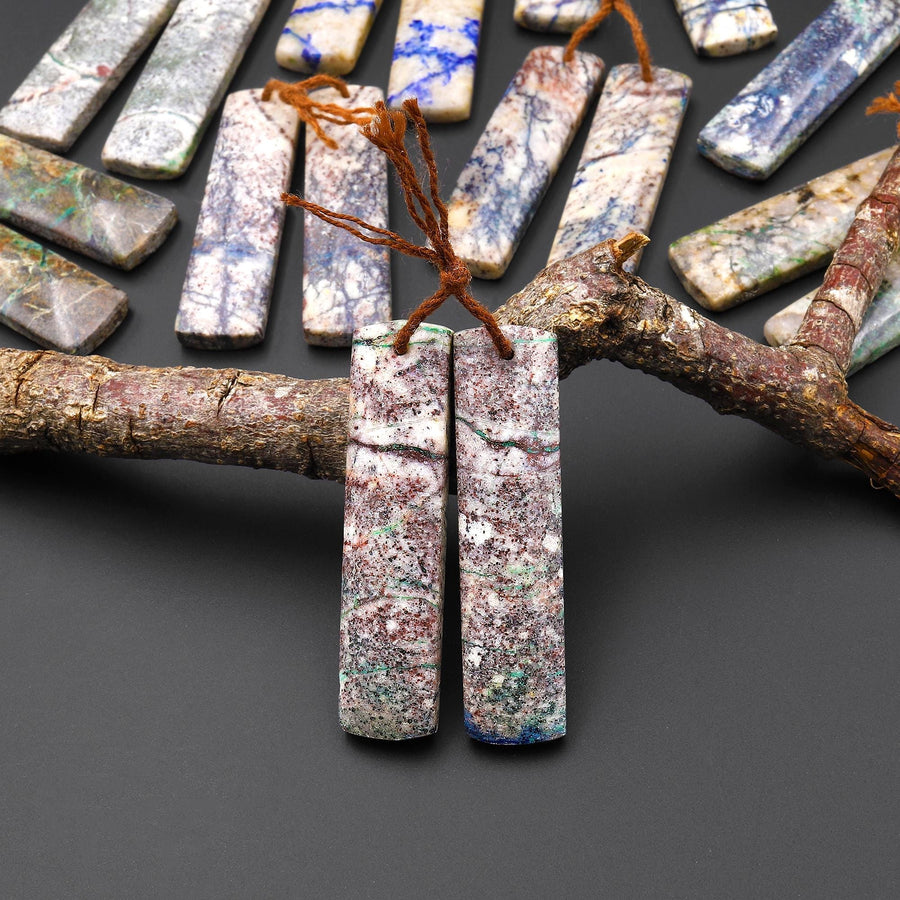 Rare Natural Lightening Azurite Rectangle Earrings Matched Gemstone Bead Pair From Arizona EC0402