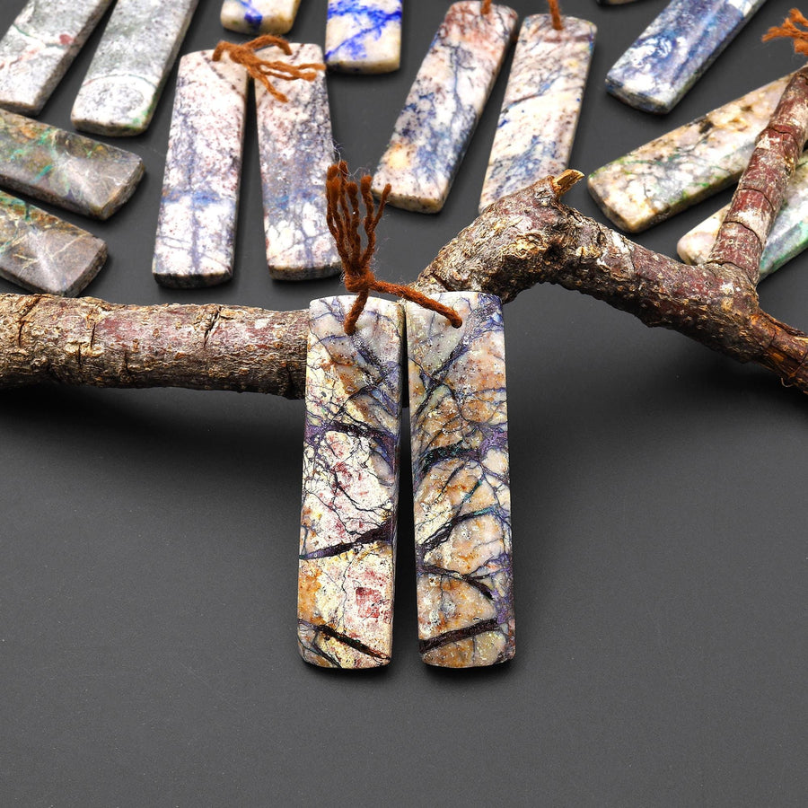 Rare Natural Lightening Azurite Rectangle Earrings Matched Gemstone Bead Pair From Arizona EC0402 A3