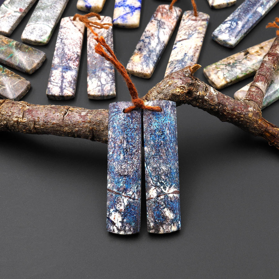 Rare Natural Lightening Azurite Rectangle Earrings Matched Gemstone Bead Pair From Arizona EC0402 A7