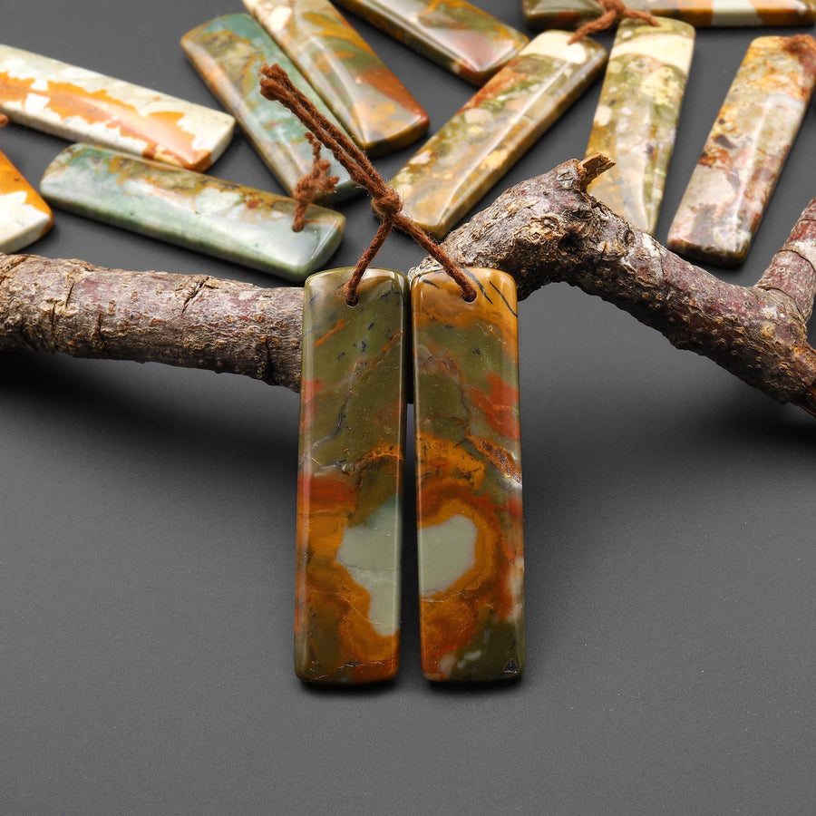 Natural Owyhee Picture Jasper Earring Pair Drilled Rectangle Gemstone Matched Beads From Oregon A2