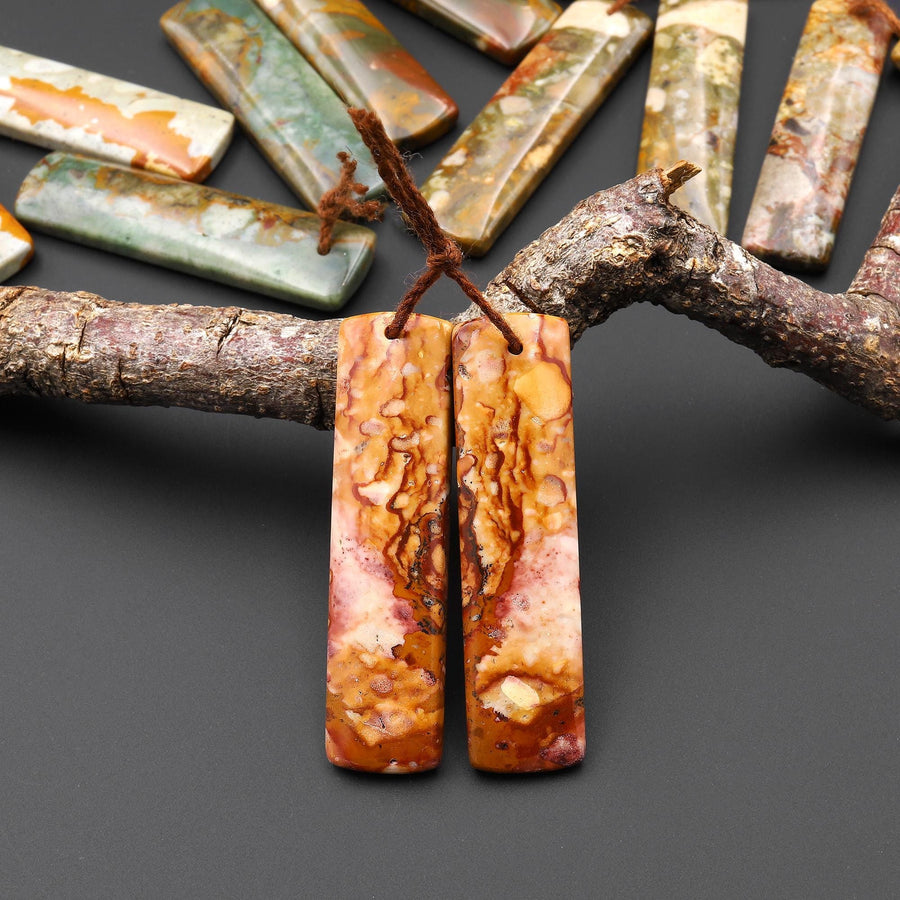 Natural Owyhee Picture Jasper Earring Pair Drilled Rectangle Gemstone Matched Beads From Oregon A4