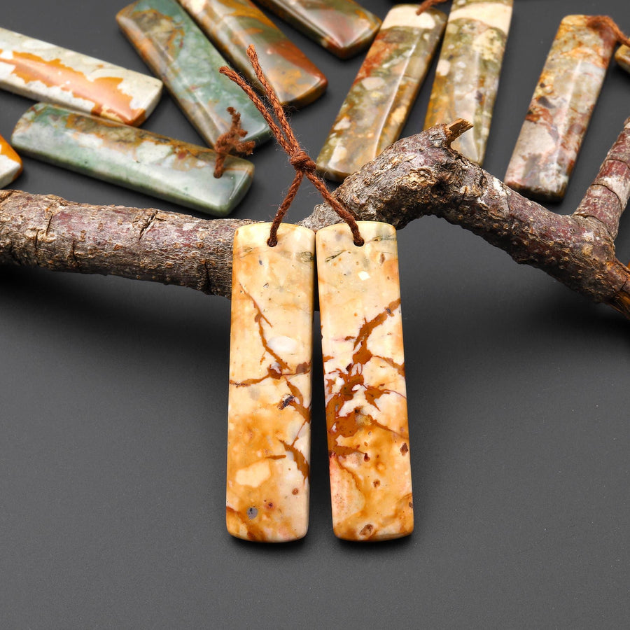 Natural Owyhee Picture Jasper Earring Pair Drilled Rectangle Gemstone Matched Beads From Oregon A6