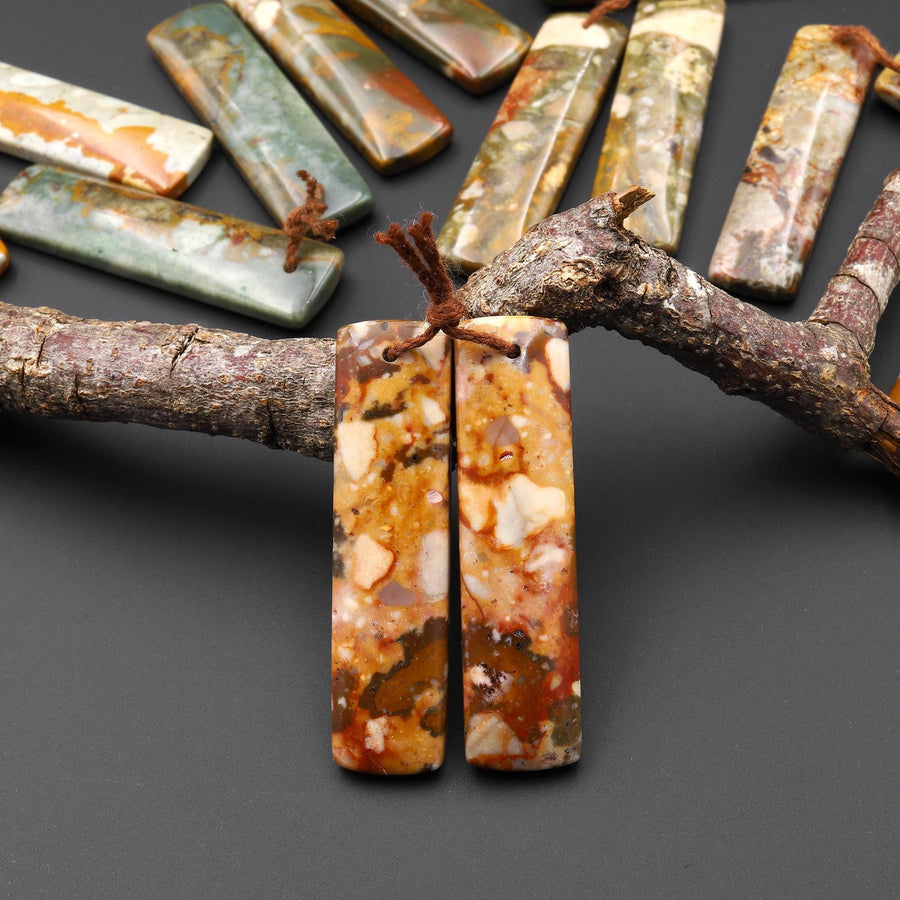 Natural Owyhee Picture Jasper Earring Pair Drilled Rectangle Gemstone Matched Beads From Oregon A7