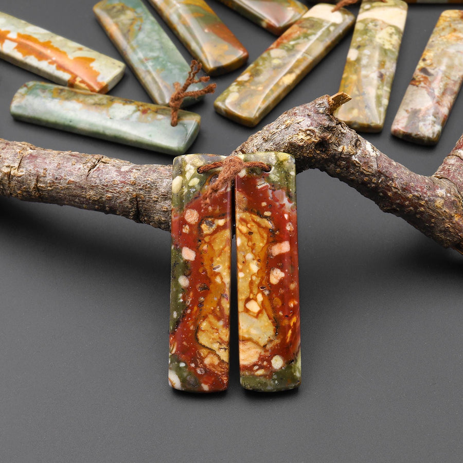 Natural Owyhee Picture Jasper Earring Pair Drilled Rectangle Gemstone Matched Beads From Oregon A10